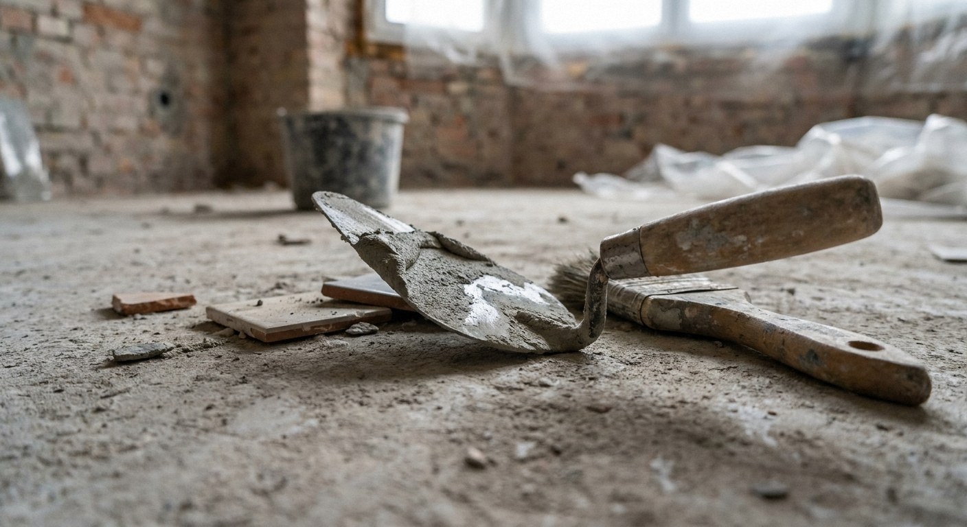 Trowel with mortar, brush, and tile pieces on concrete floor. Unfinished brick room in background