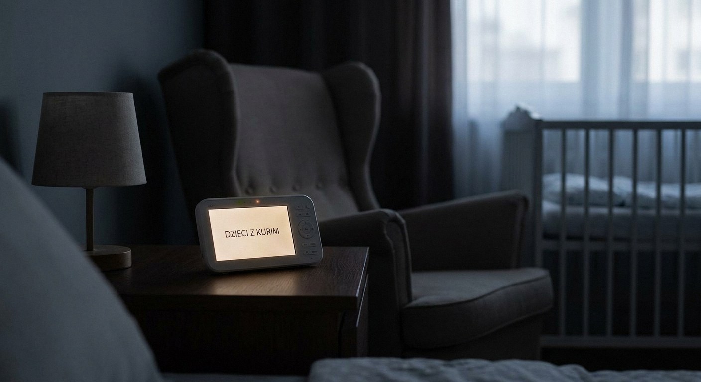 Glowing monitor on nightstand shows DZIECI Z KURIM. Armchair and crib in dim background