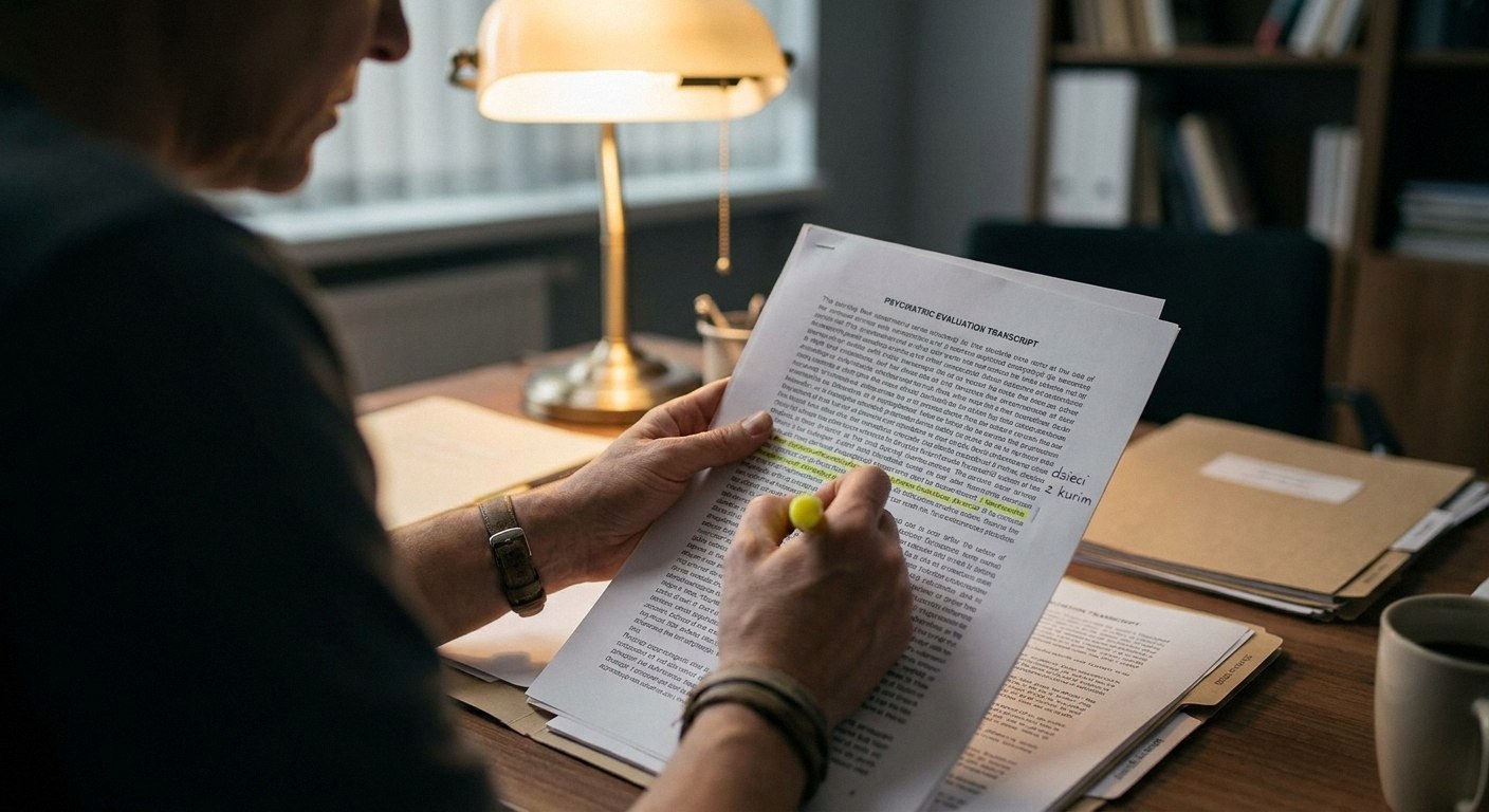 Over-the-shoulder view of a person holding a yellow highlighter and a document titled 'PSYCHIATRIC EVALUATION