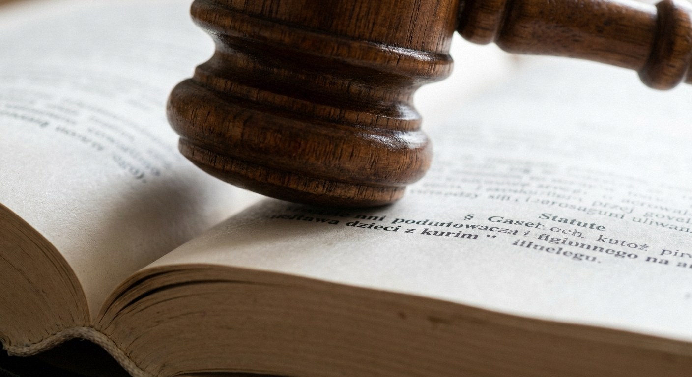 Object detail view at close scale. Extreme close-up isolating a polished wooden judge's gavel resting on a thick